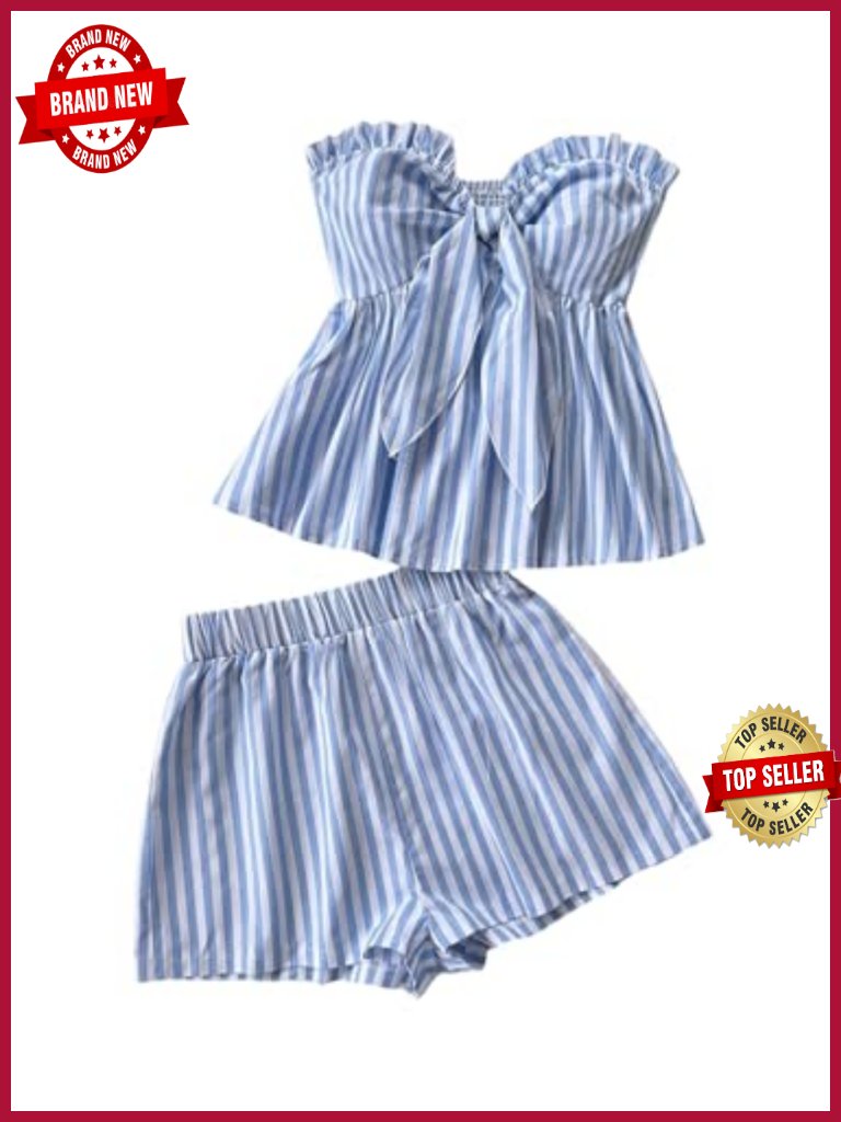 Striped Ruffle Peplum Tube Top & Shorts 2 Piece Set